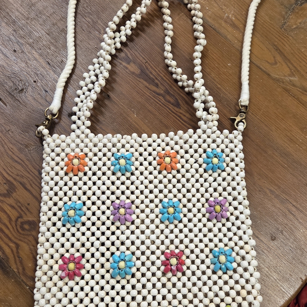 American Eagle Outfitters White and Blue Beaded Shoulder Bag